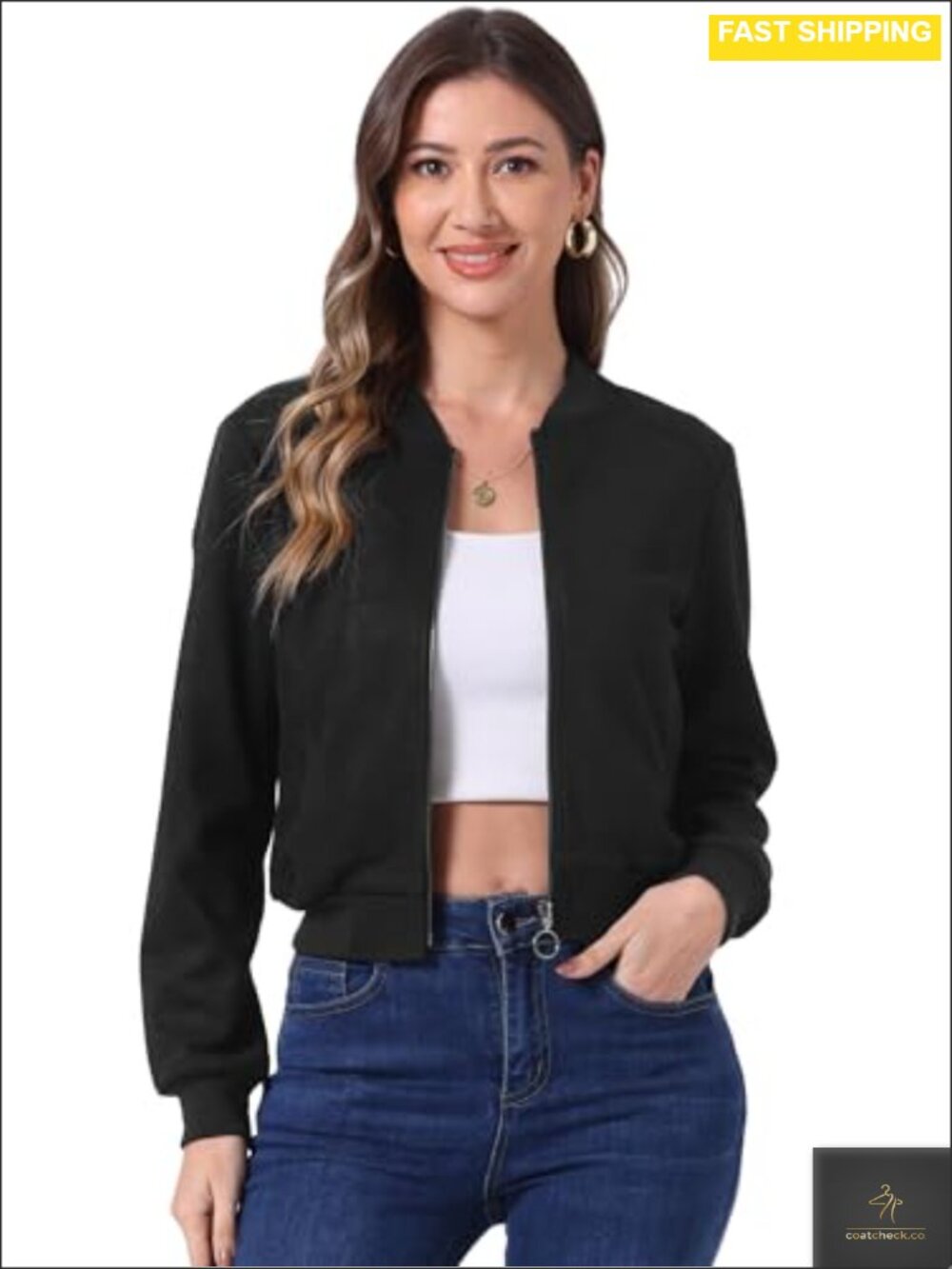 Faux Suede Stand Collar Zip Up Bomber Jacket Cropped Ribbed Hem